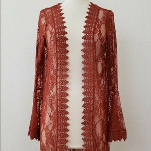 Women's Burnt Orange Lace Open Front Kimono